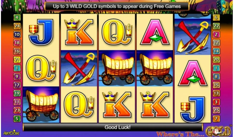 Where’s the Gold gameplay: five reels and three rows of card symbols, wagons and mining tools with the 25 paylines numbered down both sides